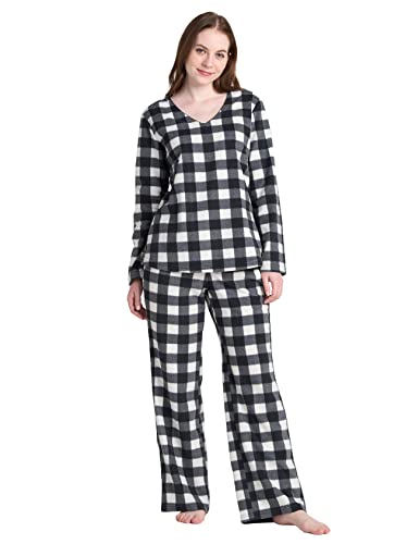 LAPASA Damen Fleece Pyjama Set V-Ausschnitt Oberteil Hose L107 (Medium, Schwarz Weiß kariert) von LAPASA