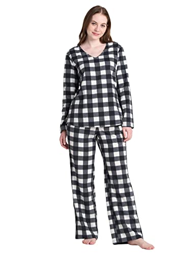 LAPASA Damen Fleece Pyjama Set V-Ausschnitt Oberteil Hose L107 (X-Large, Schwarz Weiß kariert) von LAPASA