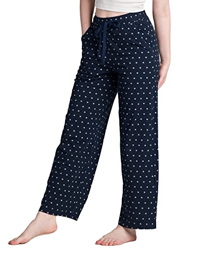 LAPASA Damen Haushose Freizeithose Loungewear Pyjamahose Yogahose Taschen Relaxed Fit L59, Navy Blau mit grauen Punkten (Gerade Hosenbeine), M von LAPASA