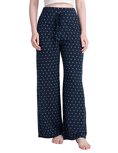 LAPASA Damen Haushose Freizeithose Loungewear Pyjamahose Yogahose Taschen Relaxed Fit L98, Navy Blau Grau gepunktet (Weite Hosenbeine), M von LAPASA