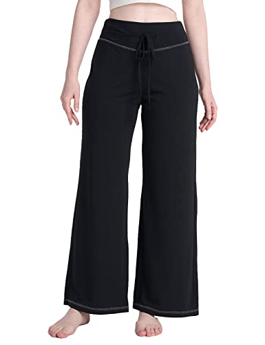 LAPASA Damen Haushose Freizeithose Loungewear Pyjamahose Yogahose Taschen Relaxed Fit L98, Schwarz (Weite Hosenbeine), M von LAPASA