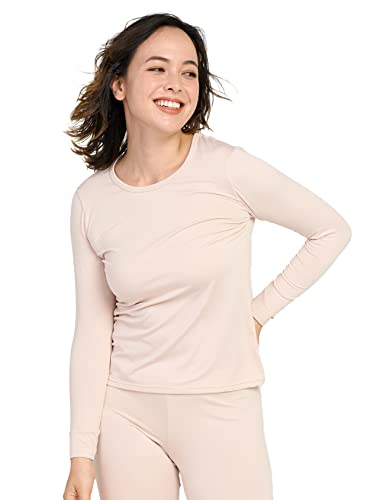 LAPASA Damen Innenfleece Thermo Unterhemd, warmes langärmliges Thermo-Shirt Thermounterwäsche Oberteil Funktionsunterwäsche, Beige (1 Pack), M von LAPASA