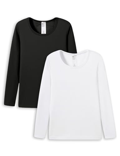 LAPASA Damen Innenfleece Thermo Unterhemd, warmes langärmliges Thermo-Shirt Thermounterwäsche Oberteil, Schwarz, Weiß (2 Pack), M von LAPASA