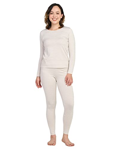 LAPASA Damen Innenfleece Thermounterwäsche Set, Thermooberteil & Thermohose Leggings Funktionsunterwäsche Sets, Grau-weiß gestreift, M von LAPASA