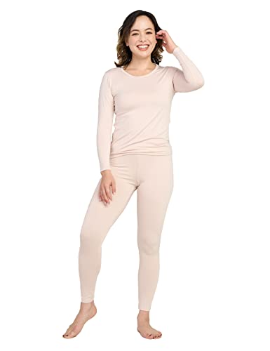 LAPASA Damen Innenfleece Thermounterwäsche Set, Thermooberteil & Thermohose Leggings Funktionsunterwäsche Sets, L17 Beige, 100 Warm, L von LAPASA