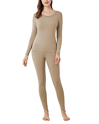 LAPASA Damen Innenfleece Thermounterwäsche Set, Thermooberteil & Thermohose Leggings Funktionsunterwäsche Sets, L17 Hellbraun, 100 Warm, L von LAPASA