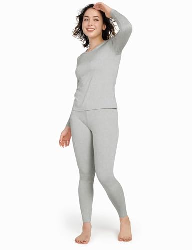 LAPASA Damen Innenfleece Thermounterwäsche Set, Thermooberteil & Thermohose Leggings Funktionsunterwäsche Sets, L17 Hellgrau, 100 Warm, S von LAPASA
