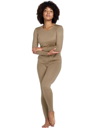 LAPASA Damen Innenfleece Thermounterwäsche Set, Thermooberteil & Thermohose Leggings Funktionsunterwäsche Sets, L41 Hellbraun, 200 Wärmer, L von LAPASA