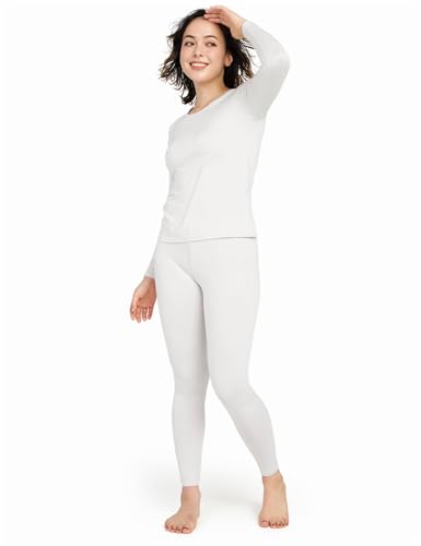 LAPASA Damen Innenfleece Thermounterwäsche Set, Thermooberteil & Thermohose Leggings Funktionsunterwäsche Sets, L41 Weiß, 200 Wärmer, L von LAPASA