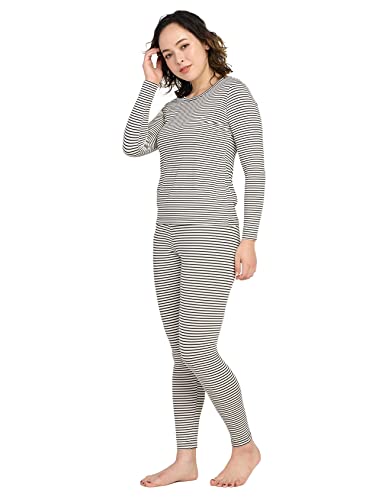 LAPASA Damen Innenfleece Thermounterwäsche Set, Thermooberteil & Thermohose Leggings Funktionsunterwäsche Sets, Schwarz-weiß gestreift, XS von LAPASA