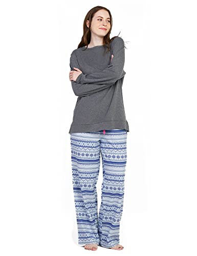 LAPASA Damen Pyjama Set 100% Baumwolle Schlafanzug Set Loungewear Jersey-Oberteil Flanellhose L96 (L, Grau meliert+ Blauer Schnee Fair Isle) von LAPASA