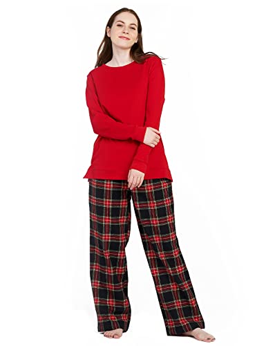 LAPASA Damen Pyjama Set 100% Baumwolle Schlafanzug Set Loungewear Jersey-Oberteil Flanellhose L96 (L, Rot + Dunkelgrün & Navy Blau) von LAPASA