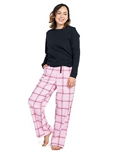 LAPASA Damen Pyjama Set 100% Baumwolle Schlafanzug Set Loungewear Jersey-Oberteil Flanellhose L96 (S, Schwarz + Pink & Braun) von LAPASA