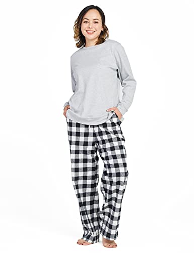 LAPASA Damen Pyjama Set 100% Baumwolle Schlafanzug Set Loungewear Jersey-Oberteil Flanellhose L96 (XL, Hellgrau meliert + Weiß & Schwarz) von LAPASA