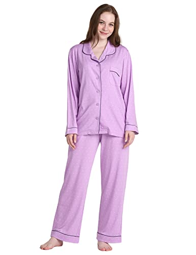 LAPASA Damen Pyjama Set Knöpfe Loungewear Oberteil Hose L103 (Medium, Hellviolett gepunktet) von LAPASA