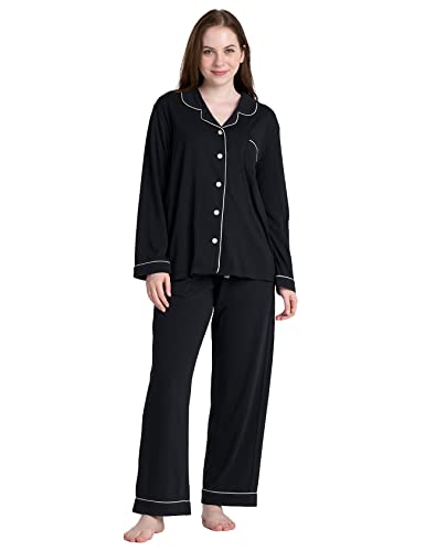 LAPASA Damen Pyjama Set Knöpfe Loungewear Oberteil Hose L103 (Small, Schwarz) von LAPASA