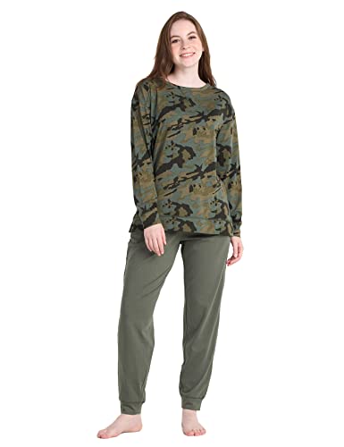 LAPASA Damen Pyjama Set Sportliches Design Relaxed Fit Loungewear Top & Hose L110 (Small, Grünes Camouflage Oberteil & dunkelolivfarbene Hose) von LAPASA