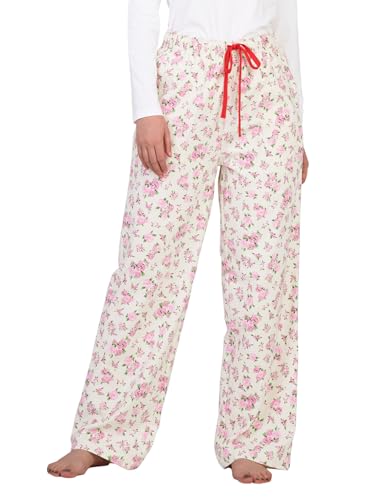 LAPASA Damen Pyjamahose Loungehose Schlafanzughose Freizeithose Baumwolle Flanell L54 L74 (Beige mit Blumenmuster, XS) von LAPASA