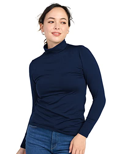 LAPASA Damen Rollkragen Thermounterhemd, Innenfleece Thermounterwäsche langärmliges Thermo-Shirt Funktionsunterwäsche Oberteil (L90), Navy (wärmer), M von LAPASA