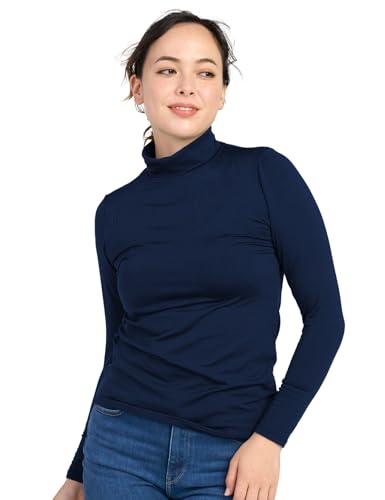 LAPASA Damen Rollkragen Thermounterhemd, Innenfleece Thermounterwäsche langärmliges Thermo-Shirt Funktionsunterwäsche Oberteil (L90), Navy (wärmer), XL von LAPASA