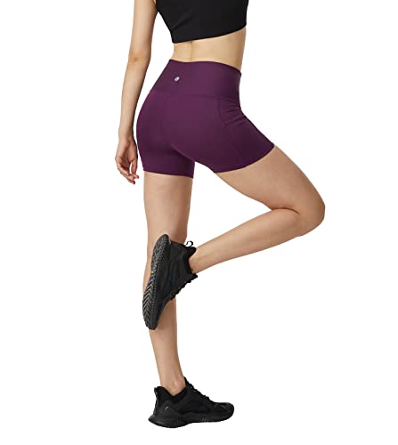 LAPASA Damen Sportshorts Innentasche Seitentaschen Kurz Leggings Yoga Shorts Hoher Bund L82 (Innenbund-& Seitentaschen: Burgund, XL) von LAPASA