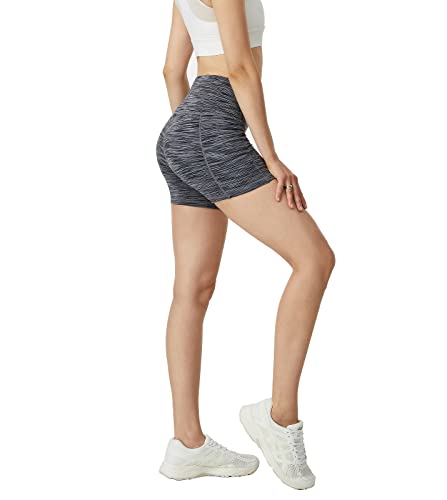 LAPASA Damen Sportshorts Innentasche Seitentaschen Kurz Leggings Yoga Shorts Hoher Bund L82 (Innenbund-& Seitentaschen: Dunkelgrau Space Dye, L) von LAPASA