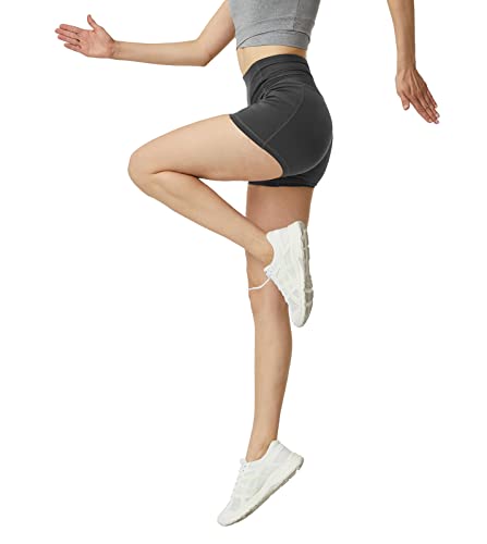 LAPASA Damen Sportshorts Innentasche Seitentaschen Kurz Leggings Yoga Shorts Hoher Bund L82 (Innenbund-& Seitentaschen: Graumeliert, M) von LAPASA