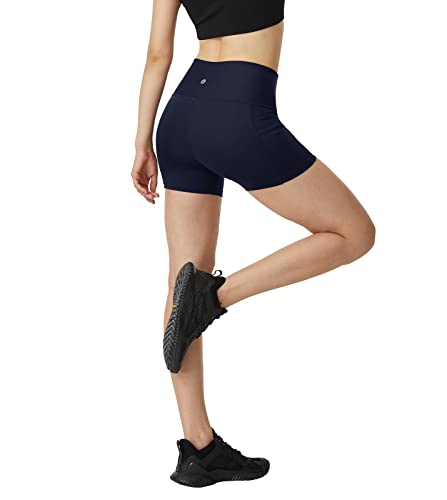 LAPASA Damen Sportshorts Innentasche Seitentaschen Kurz Leggings Yoga Shorts Hoher Bund L82 (Innenbund-& Seitentaschen: Navy Blau, L) von LAPASA