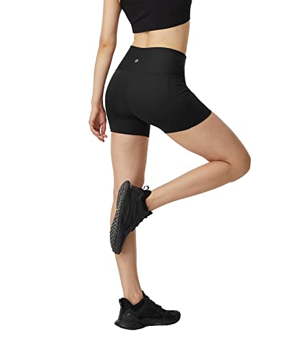 LAPASA Damen Sportshorts Innentasche Seitentaschen Kurz Leggings Yoga Shorts Hoher Bund L82 (Innenbund-& Seitentaschen: Schwarz, L) von LAPASA