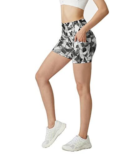 LAPASA Damen Sportshorts Innentasche Seitentaschen Kurz Leggings Yoga Shorts Hoher Bund L82 (Innenbund-& Seitentaschen: Schwarz-Weiß-Muster, M) von LAPASA