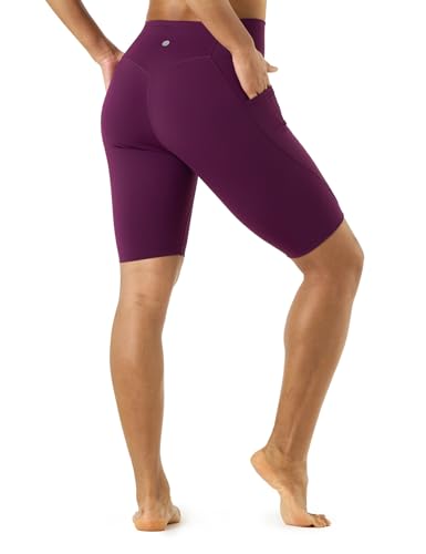 LAPASA Damen Sportshorts Taschen Kurz Leggings Yoga Shorts Hoher Bund L52 B1 (Mit Taschen: Burgund, XS) von LAPASA