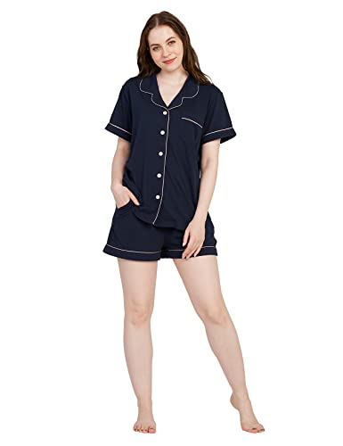 LAPASA Damen kurzes Pyjama Set Relaxed Fit Loungewear Jersey Stoff L100 (Navy Blau, L) von LAPASA