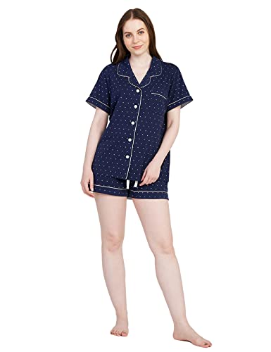 LAPASA Damen kurzes Pyjama Set Relaxed Fit Loungewear Jersey Stoff L100 (Navy Blau gepunktet, XXL) von LAPASA