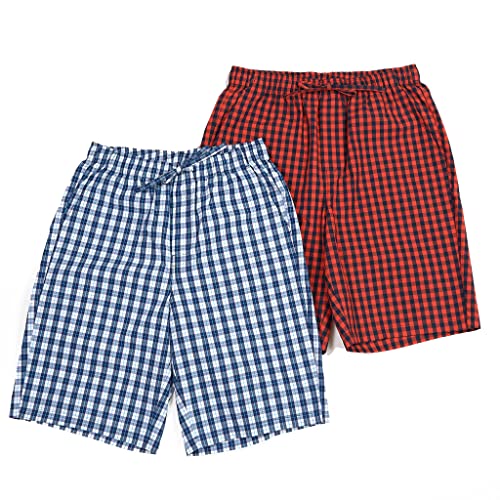 LAPASA Herren 2er-Pack Schlafshorts mit Taschen, American Style Baumwolle kurze Schlafanzughose Loungehose M92, Blau + Weiß kariert, Rot + Marineblau kariert, XS von LAPASA