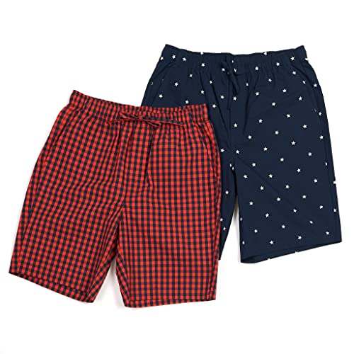 LAPASA Herren 2er-Pack Schlafshorts mit Taschen, American Style Baumwolle Kurze Schlafanzughose Loungehose M92, Marineblau + Weißer Stern, Rot + Marineblau kariert, L von LAPASA