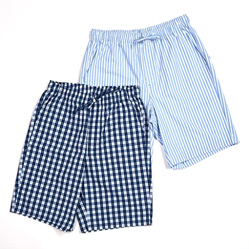 LAPASA Herren Pyjama Shorts 2er Pack mit Taschen, American Style Baumwolle kurze Schlafanzughose Loungehose M92, Hellblau + weiße Streifen, blau + weiß kariert, XXL von LAPASA