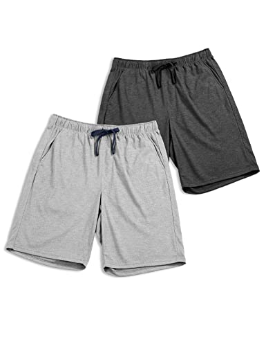 LAPASA Herren 2er-Pack Schlafshorts mit Taschen, American Style Poly-Baumwolle Kurze Schlafanzughose Loungehose Freizeithose M93, Dunkelgrau, Grau meliert, S von LAPASA