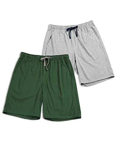 LAPASA Herren 2er-Pack Schlafshorts mit Taschen, American Style Poly-Baumwolle Kurze Schlafanzughose Loungehose Freizeithose M93, Grün, Graumeliert, M von LAPASA