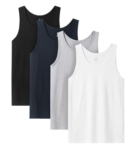 LAPASA Herren 4er Pack Unterhemd 100% Baumwolle Classic Tanktop Atmungsaktiv Rundhals Fitness Achselshirt Muskelshirt M36, Schwarz+Navy+Grau+Weiß, M von LAPASA