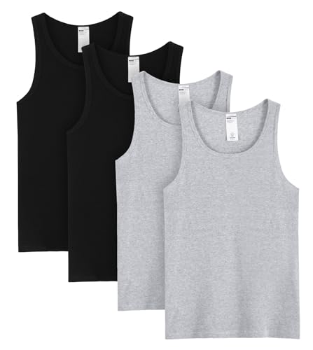 LAPASA Herren Baumwolle Unterhemd 4er Pack Classic Tank Top Fitness Rundhals Einfarbig ärmellose Achselshirt Muskelshirt M35 (Schwarz*2, Grau*2), S von LAPASA