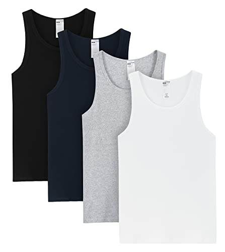 LAPASA Herren Baumwolle Unterhemd 4er Pack Classic Tank Top Fitness Rundhals Einfarbig ärmellose Achselshirt Muskelshirt M35 (Schwarz, Blau, Grau, Weiß), XL von LAPASA