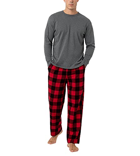 LAPASA Herren Pyjama-Set Relaxed Fit Schlafanzugset, Flanell Hose & Baumwolle Top M79, Dunkelgrau + schwarzes/rotes Karomuster, XL von LAPASA