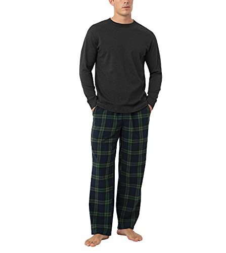 LAPASA Herren Pyjama-Set Relaxed Fit Schlafanzugset, Flanell Hose & Baumwolle Top M79, Dunkelgrau + Grün&blaues Karomuster, S von LAPASA
