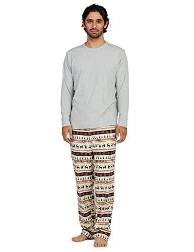 LAPASA Herren Pyjama-Set Relaxed Fit Schlafanzugset, Flanell Hose & Baumwolle Top M79, Hellgrau + Beige Fair Isle, XXL von LAPASA