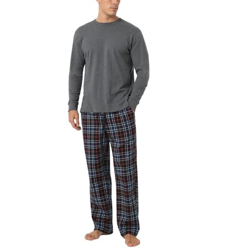 LAPASA Herren Pyjama-Set Relaxed Fit Schlafanzugset, Flanell Hose & Baumwolle Top M79, Dunkelgrau + Dunkelrot, XXL von LAPASA