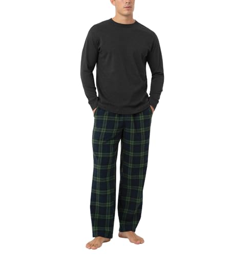 LAPASA Herren Pyjama-Set Relaxed Fit Schlafanzugset, Flanell Hose & Baumwolle Top M79, Dunkelgrau + Grün&blaues Karomuster, XL von LAPASA