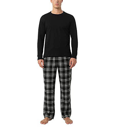 LAPASA Herren Pyjama-Set Relaxed Fit Schlafanzugset, Flanell Hose & Baumwolle Top M79, Schwarz + schwarzes/weißes Karomuster, XL von LAPASA