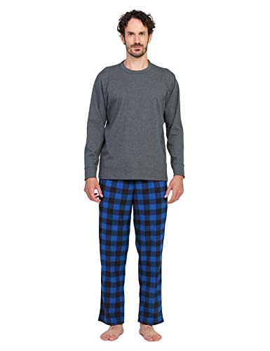 LAPASA Herren Pyjama-Set Relaxed Fit Schlafanzugset, Flecce Hose & Baumwolle Top M129, Grau Top + Blau & Schwarze Hose, M von LAPASA