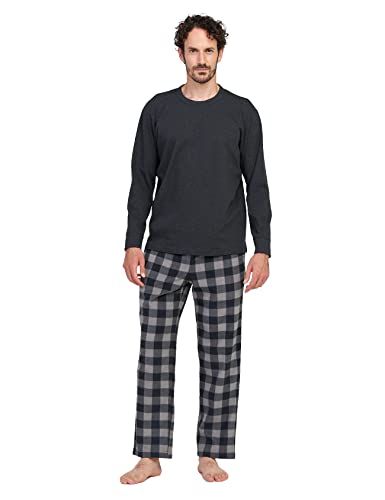 LAPASA Herren Pyjama-Set Relaxed Fit Schlafanzugset, Flecce Hose & Baumwolle Top M129, Grau Top + Grau & Schwarze Hose, XXL von LAPASA