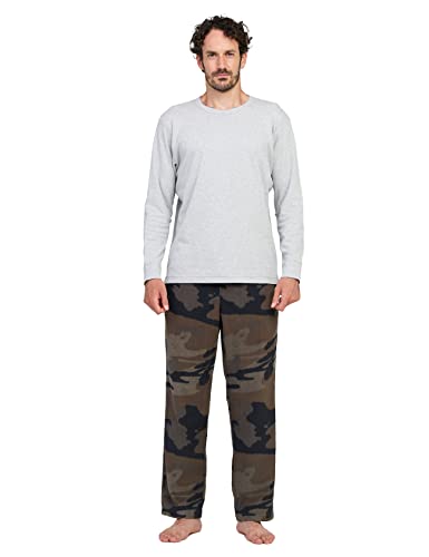 LAPASA Herren Pyjama-Set Relaxed Fit Schlafanzugset, Flecce Hose & Baumwolle Top M129, Hellgraues Oberteil + Grüne Camouflage Hose, L von LAPASA